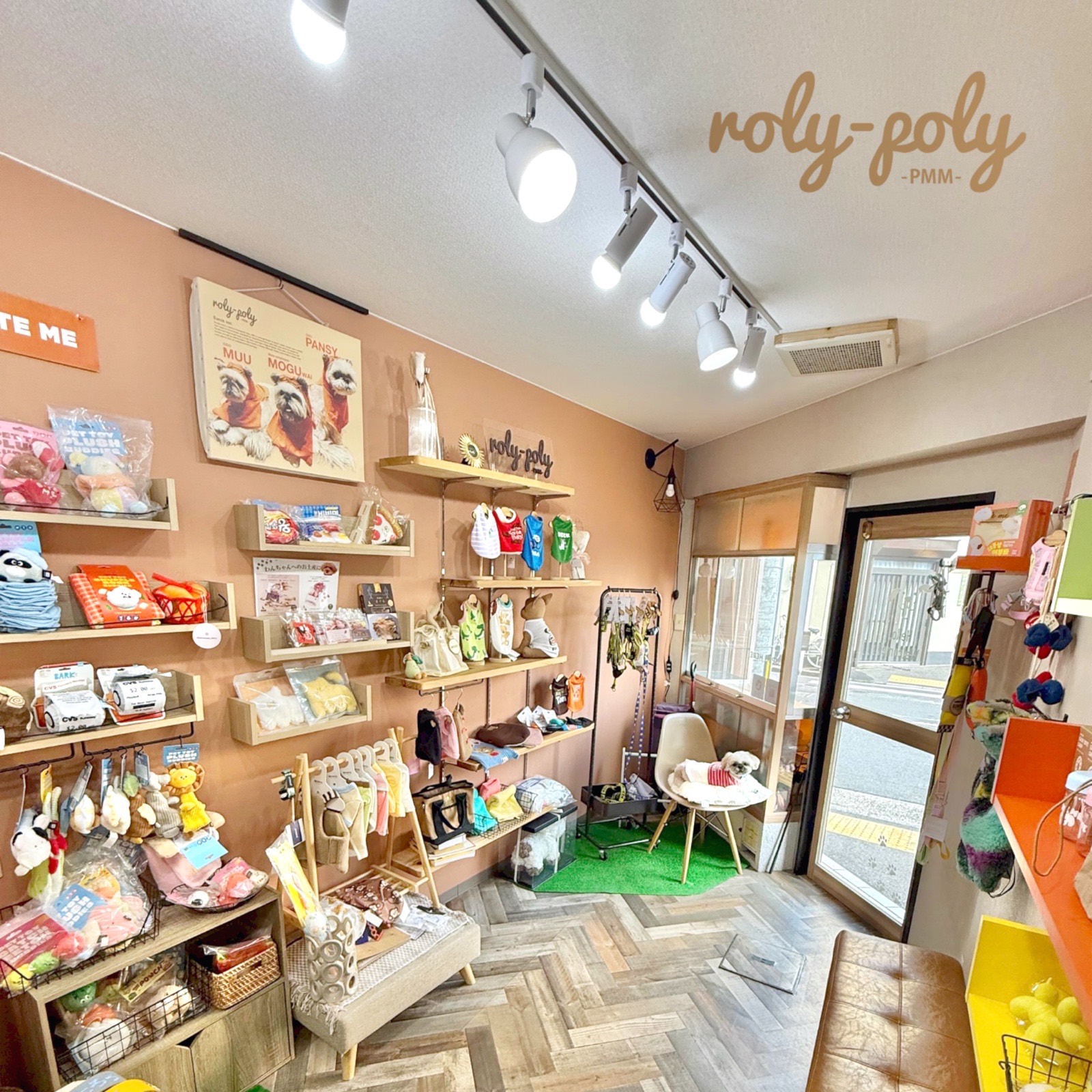 roly polyの店内。オレンジの壁に犬服やおもちゃが並ぶ